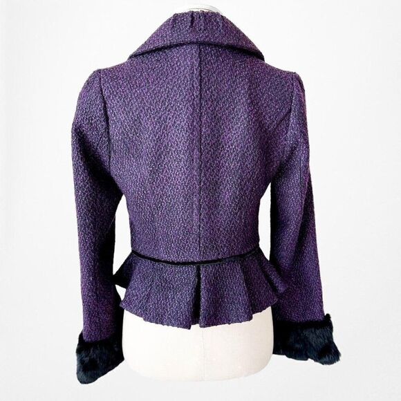 Vintage Y2K Purple Tweed Faux Fur Lined Peplum Blazer Jacket Coat Size S - Picture 5 of 6